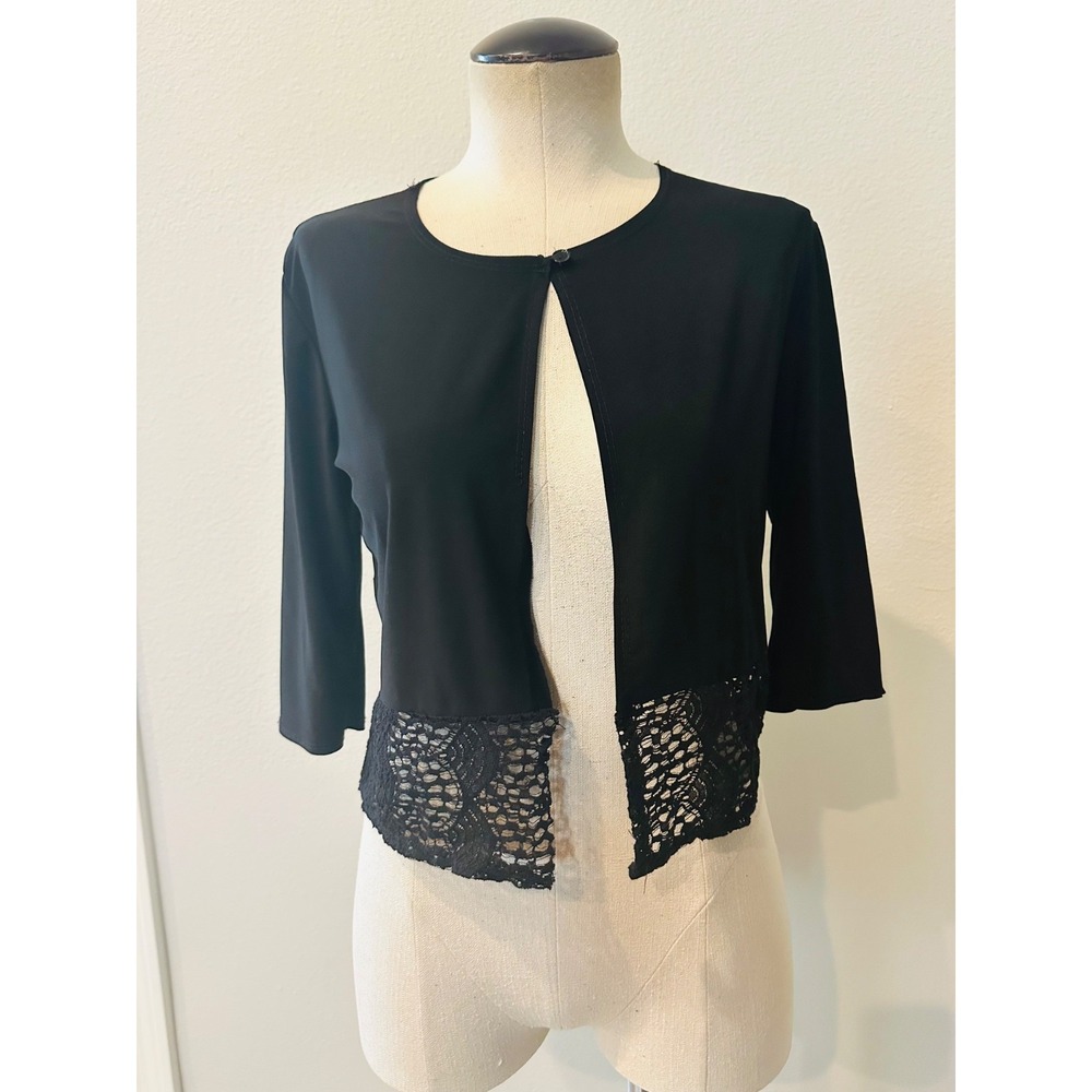 Michelle Lynn Womens Small Black Lace Trim Cardigan 3/4 Sleeve Open Front